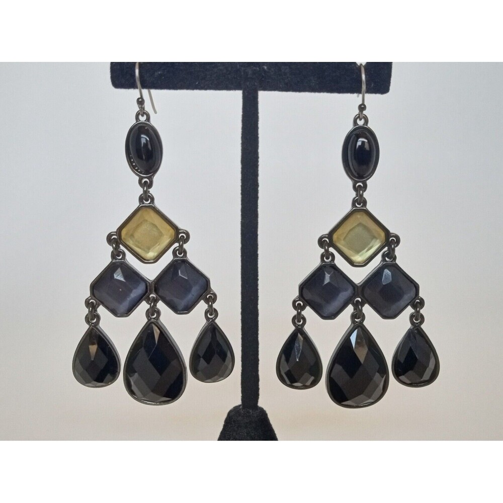 LC Liz Claiborne Chandelier Statement Earrings Black Gray & Yellow Glass 3.5 in